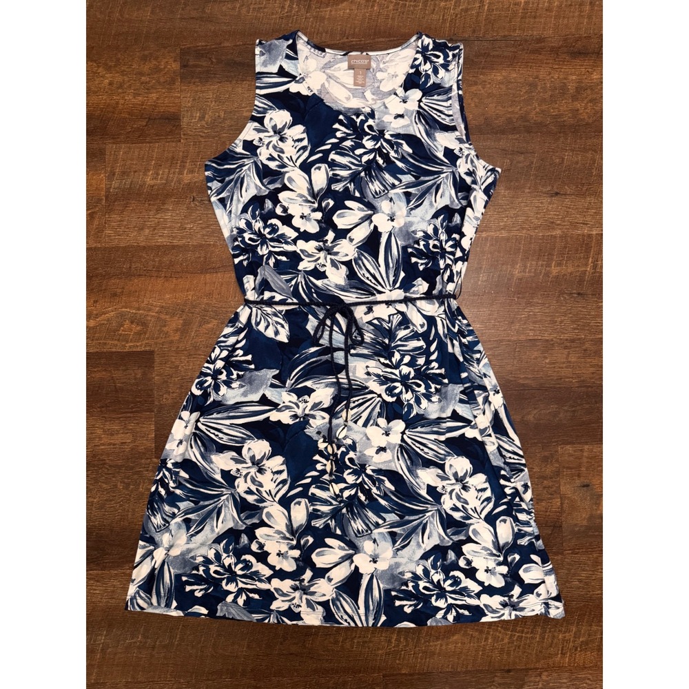 Chico's Tropical Floral Dress Size 1 M Navy White Shell Tie Belt Resort